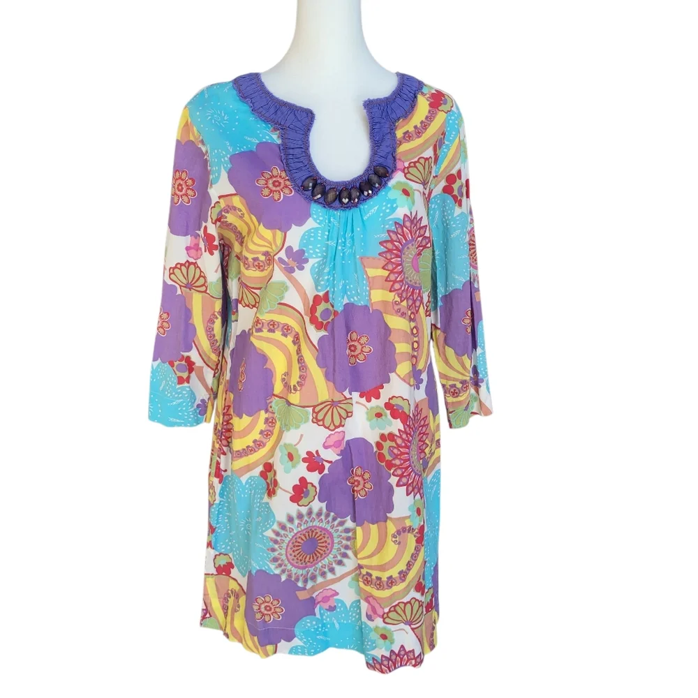 Boden Floral Vibrant Colors 100% Cotton Tunic Dress Embellished Women's US 10 - Picture 3 of 13